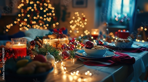 Festive Holiday Dinner Table Setting Adorned with Twinkling Lights and Ornaments Creating a Warm, Inviting Atmosphere