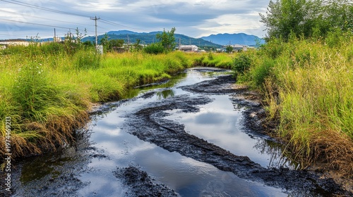 Industrial water pollution with oil spill in a natural stream under an overcast sky, impacting the environment