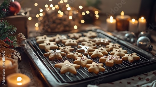 Freshly Baked Christmas Cookies Cooling on a Rack with Festive Lights and Candles