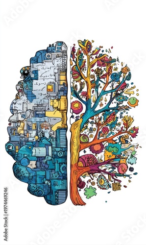 Artificial intelligence and human brain duality concept illustration