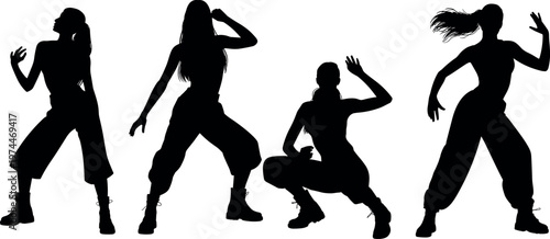 Female dancer silhouettes set with energetic hip hop moves and dynamic poses, stylish performers isolated on white background illustration