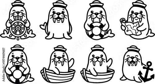 Black and white sailor walrus with ship wheel lifebuoy map and anchor line art