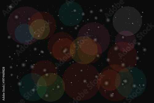 Abstract background with colorful glowing circles and bokeh light particles on a dark backdrop