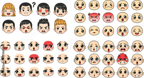 Anime Facial Expression Character Icon Set with Cute Manga Emotion Faces Collection Showing Happy Sad Angry Crying Surprised Reactions for Stickers Animation Vector Design