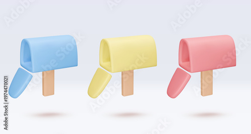 Realistic render, colored mailboxes isolated on white background. 3D set icons for messengers, mail applications. Vector illustration for shop, flyer, banner, web, advertising, sale