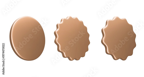 Set golden sticker, badge mockup. Blank labels of gold circle shapes with wavy edge. Vector isolated on white. Copy space. Stickers or patches for preview tags, labels, design, presentation, adv