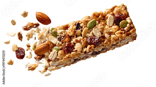 Whole grain granola bar with almonds and cranberries breaking with flying ingredients, isolated on transparent background, healthy snack 3D render.