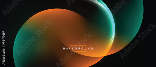 Abstract fluid shapes overlap, creating vibrant orange, teal gradients. Dark background emphasizes luminous curves, modern design element.