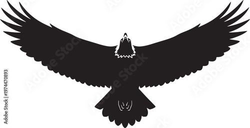 a black silhouette of an eagle with its wings spread wide and its body facing the viewer, set against a white background