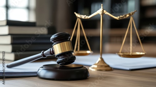 Gavel and Scales of Justice in a Legal Courtroom Setting with Legal Documents