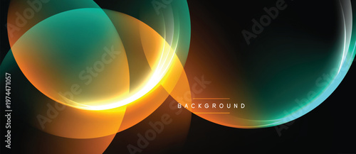 Abstract design features flowing orange, teal curves. Dark background enhances luminous effect. Modern, dynamic composition.