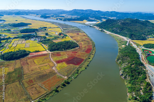전남 함평군 사포나루와 영산강의 가을 풍경