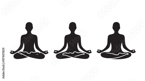 Three Black Silhouette People Meditating In Lotus Position Isolated On White For Wellness Concepts