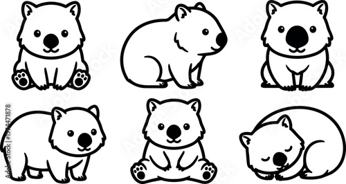 Cute black and white line art wombat illustrations in various poses