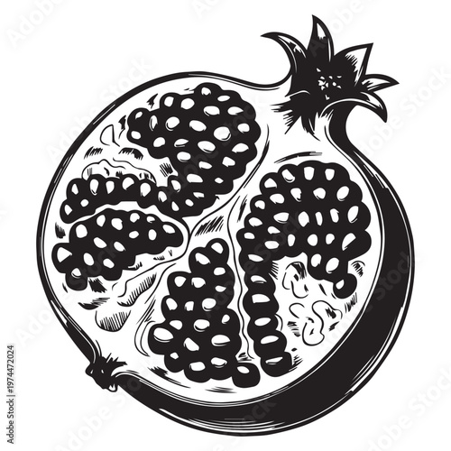 A detailed black and white illustration of a halved pomegranate showcasing its internal structure silhouette
