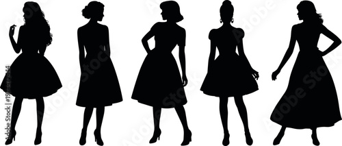 Silhouettes of elegant women in dresses posing stylishly isolated on white background representing fashion, beauty, femininity, and modern female lifestyle concept