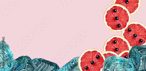Refreshing drinks conceptual modern visual. Grapefruit slices, berries, pink backdrop. Abstract water bottles as waves. Surreal wallpaper.  Image manipulation. Flavored water industry