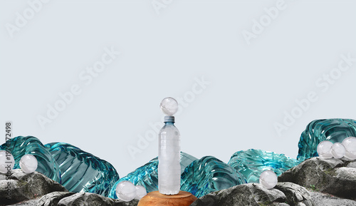 Modern drinking water image, surreal landscape wallpaper. Abstract plastic bottle as waves, rocks, ice balls. Plastic iced water bottle on wooden podium, mountain concept, sustainable lifestyle