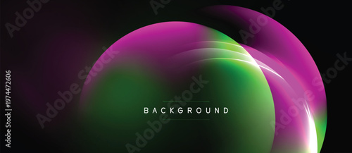 Abstract vibrant background. Overlapping circles create glowing effect. Dark space contrasts bright colors, modern design element.