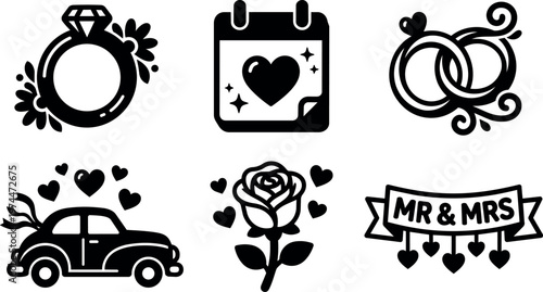 Black and white wedding icons with ring car calendar rose and mr and mrs banner