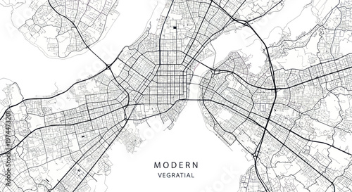 Detailed Urban City Map with Intersecting Roads and Grid Layout.