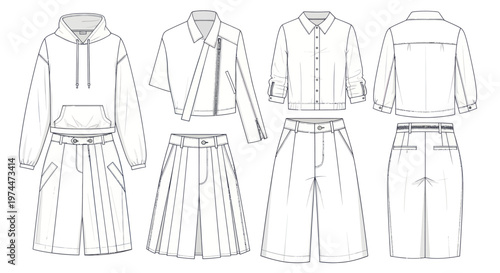 Fashion Flat Sketches of Womens Casual Outfits.