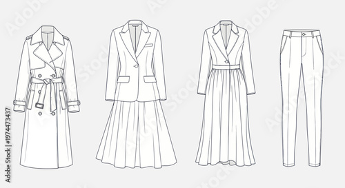 Fashionable Womens Clothing Collection - Trench Coat, Blazer, Skirt, and Trousers.