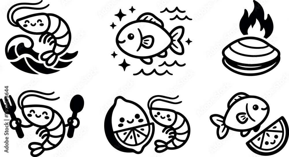 Fototapeta premium Black and white cute seafood shrimp fish lemon icons with flame and utensils