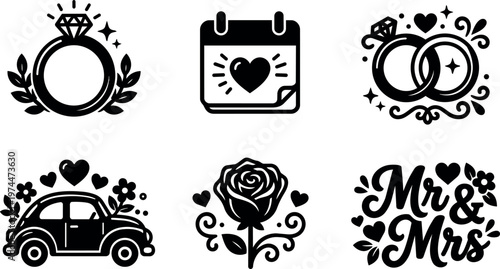 Black and white wedding rings calendar rose and car love icons set