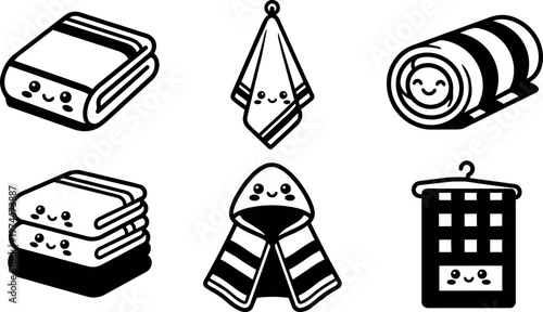 Cute cartoon towels and bathrobes with smiling faces in black and white vector art