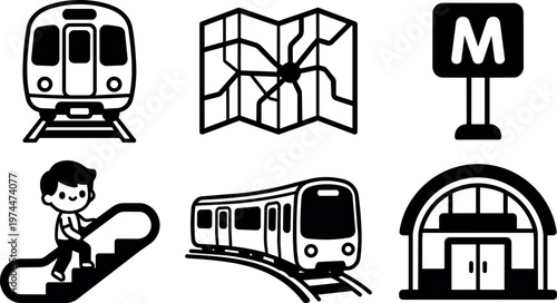 Black and white metro train map and station transportation icons set