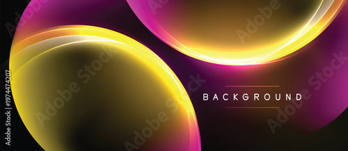 Abstract design features overlapping glowing shapes. Yellows, purples create dynamic visual effect. Dark background enhances luminosity.