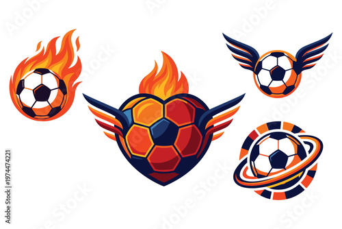 Dynamic soccer ball icons with fire wings and orbit elements.