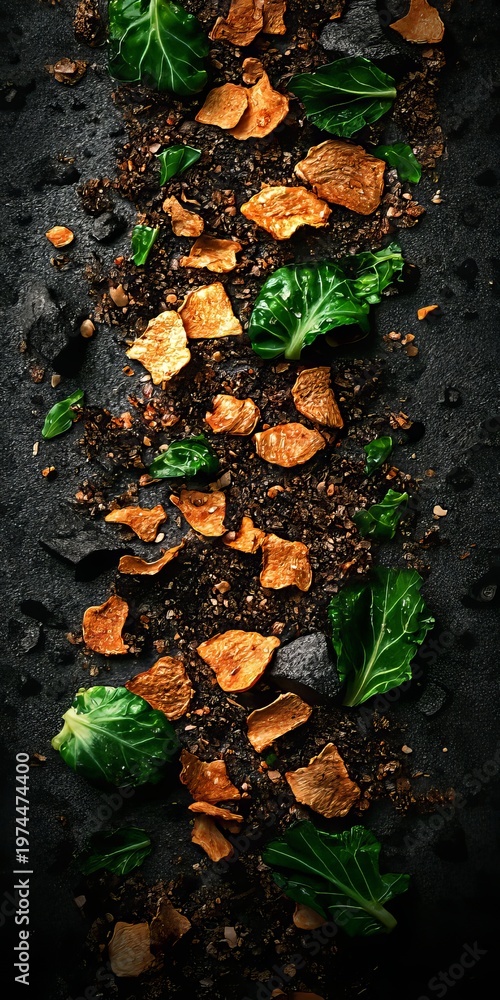 Obraz premium Dehydrated Brussels Sprouts Chips and Dried Slices in a Textured Frame with Crisp Edges