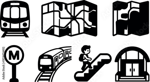 Black and white metro train map escalator station icons set