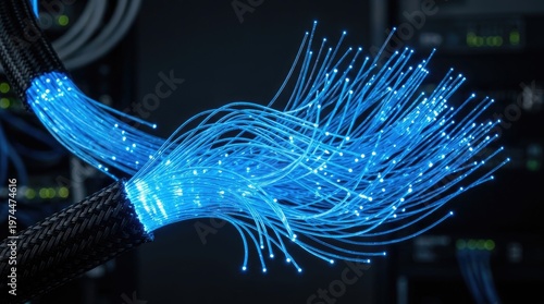 Glowing blue fiber optic cables representing high speed data transmission and network communication.