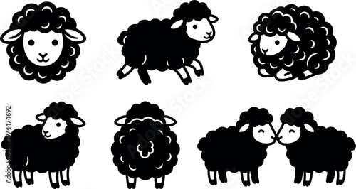 Black and white cute curly sheep faces and full bodies vector art collection