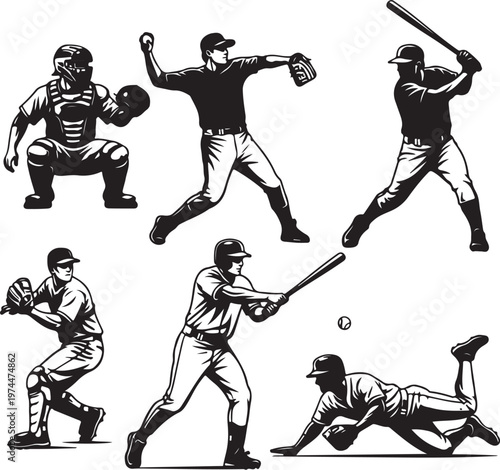 Baseball Player Silhouette Vector Set - Pitcher Batter Catcher