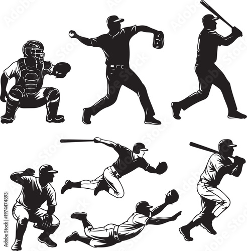 Baseball Player Silhouette Vector Set - Pitcher Batter Catcher