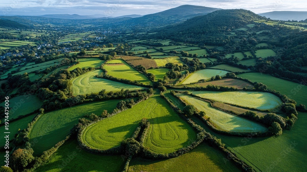 Fototapeta premium An aerial view of rolling hills in Ireland forming the shape of a giant shamrock, patchwork fields, drone view,