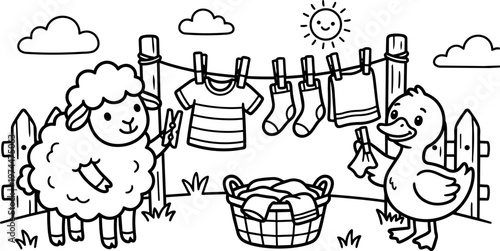 Black and white line art sheep and duck hanging clothes on fence clothesline with sun and clouds