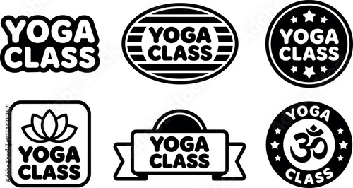 Black and white yoga class labels with lotus and om symbol vector art