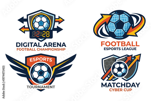 Set of esports football and digital arena tournament logos with modern cyber designs.