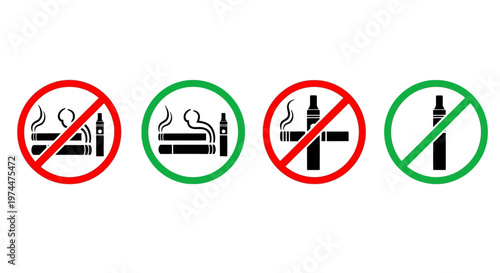 No smoking and vaping icons representing prohibition and permission for cigarettes and electronic cigarettes