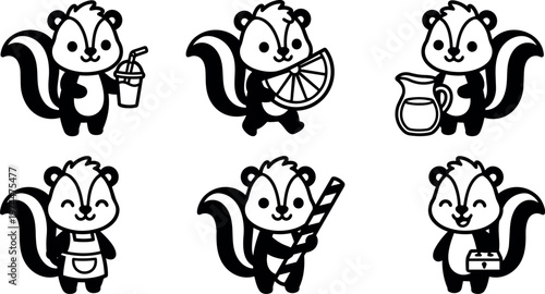 Cute cartoon skunk character holding drink slice jug and toolbox in black and white line art
