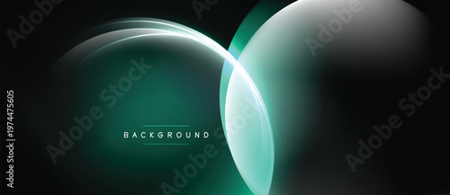 Abstract design features overlapping glowing circles. Dark background enhances vibrant teal, white gradients. Modern, minimalist aesthetic.