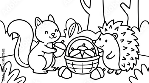 Cute squirrel holding acorn with hedgehog and acorn basket line art