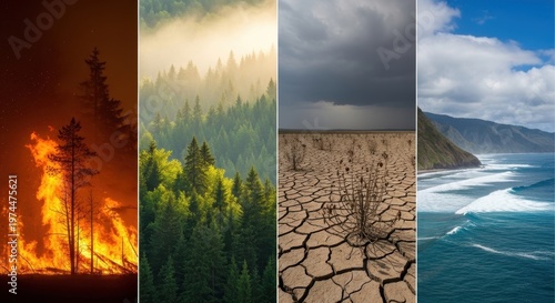 Four pane vertical landscape showing forest fire misty woods cracked desert soil and crashing ocean waves on rocky shoreline view.