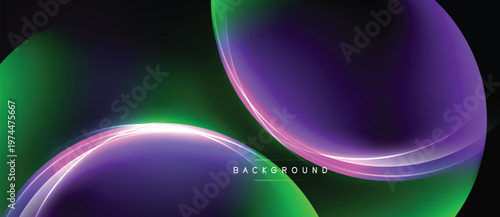 Abstract background features vibrant purple, green gradients. Smooth curves create dynamic, modern visual effect. Dark space dominates composition.