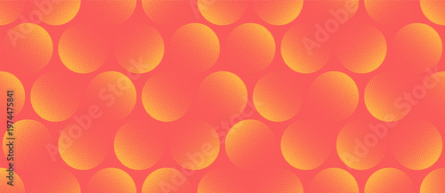 Vector abstract panoramic background with bright circular halftone pattern in yellow red tones. Vibrant dotted composition with gradient and grainy texture creates energetic summer visual atmosphere
